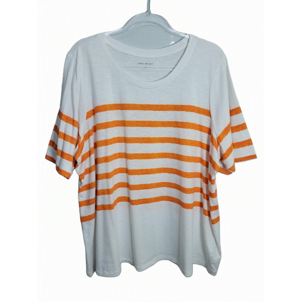 Lane Bryant Womens 22/24 T-Shirt White Orange Striped Classic Perfect Sleeve Tee